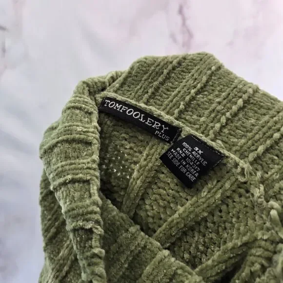 Vintage Y2K Sweater Women 3X Green Chenille Cable Knit Turtleneck Oversized - Picture 3 of 14